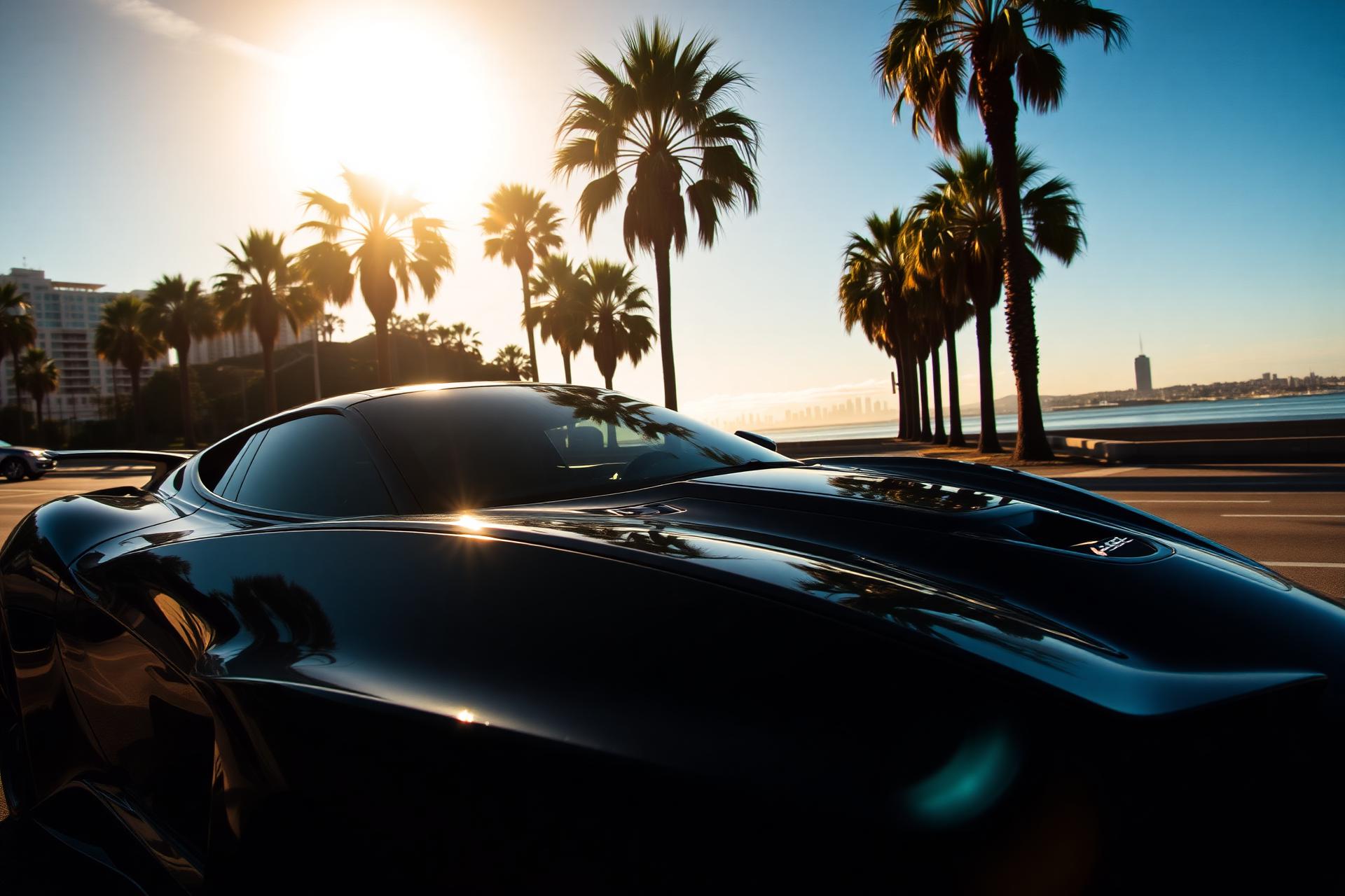 Glossy black sports car at sunset on a San Diego coastal street with palm trees